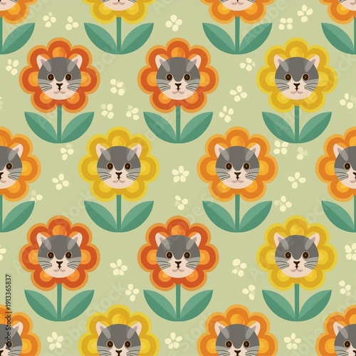 seamless cat floral pattern 
