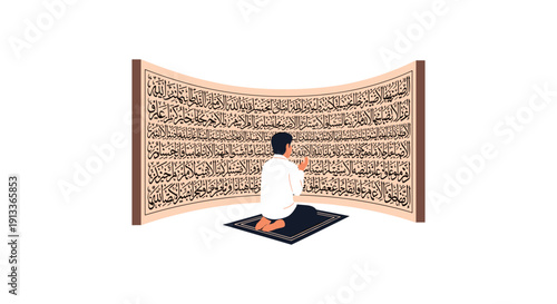 Man Praying on Prayer Mat in Front of Quranic Verses, Spirituality and Faith