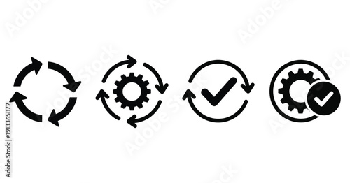 A sequence of four minimalist black and white icons illustrating the progression from simple refresh to successful completion and process iteration cycles.