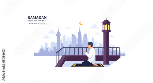 Man Praying on Rooftop During Ramadan with City Skyline
