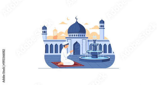 Man Praying in Front of Mosque with Dome and Minarets Illustration