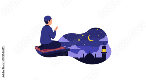 Man Praying on Prayer Mat under Night Sky with Mosque Silhouette