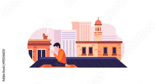 Man Praying on Rooftop with Cityscape and Mosque Background
