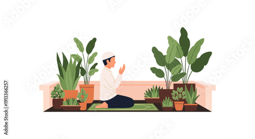 Man Meditating Among Potted Plants in Serene Indoor Setting