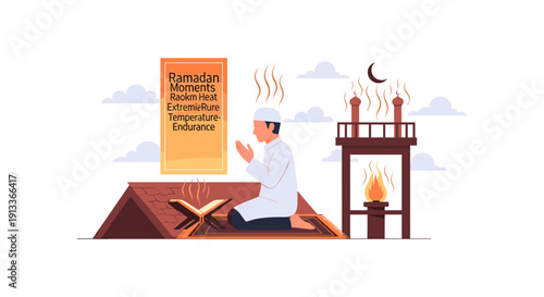 Man Praying During Ramadan with Quran and Minaret at Night