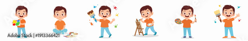 Cheerful Cartoon Little Boy Artist Painting on Easel Set Illustration