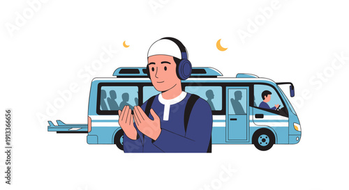 Young man listening to music with headphones near a bus, relaxed travel concept