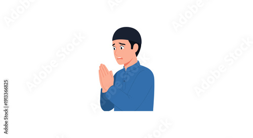 Man Praying with Hands Together in Blue Shirt on White Background