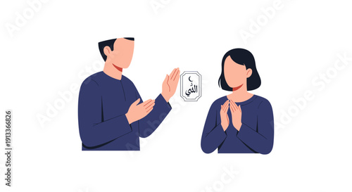 Man and Woman Communicating with Sign Language, Simple Illustration, White Background
