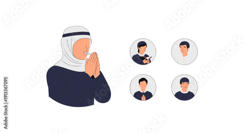 Muslim woman praying with various male avatars around her in a modern flat design