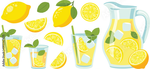 Fresh Lemonade Drink Vector Set  Lemon Fruits, Slices, Pitcher and Glasses