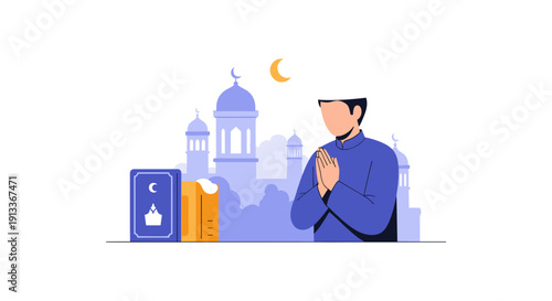 Man Praying in Front of Mosque Silhouette at Night with Quran