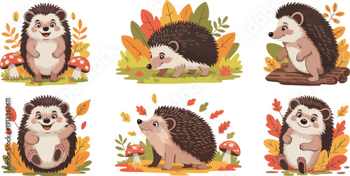 Cute Hedgehog Character Pose Set  Autumn Leaves, Mushrooms, and Woodland Animals