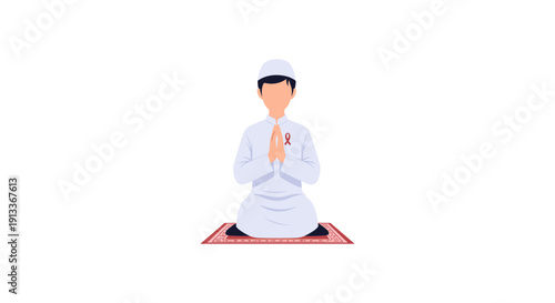 Man Praying on Prayer Mat in White Robes, Serene Illustration