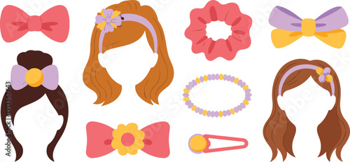 Cute Hair Accessories Vector Set  Bows, Scrunchies, Headbands, Clips and Pins