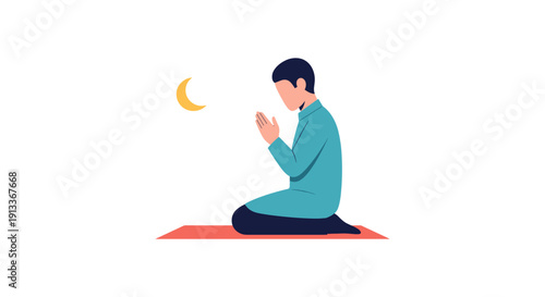 Man Praying on Prayer Mat under Crescent Moon, Serene Night Scene