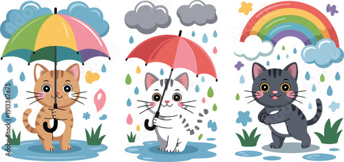 Cute Cats with Umbrellas Vector Set Rainy Weather, Clouds and Raindrops