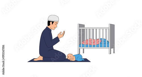 Father Praying Beside Baby's Crib in Serene Illustration