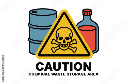 A caution sign warns of a chemical waste storage area with hazardous materials