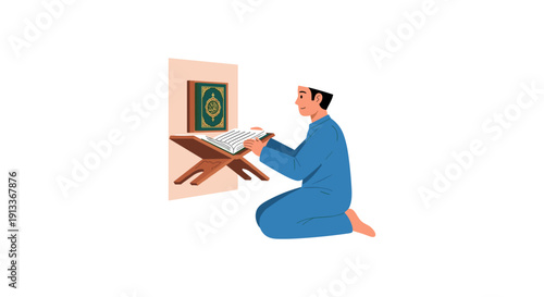 Man Reading Quran Kneeling on Floor with Rehal in a Serene Environment