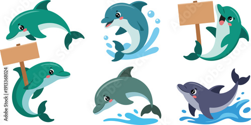 Cute Cartoon Dolphin Character Set Playful Ocean Animal Vector Collection
