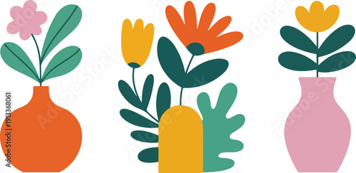 Abstract Botanical Leaves, Flowers and Vase Vector Set  Modern Decorative Elements