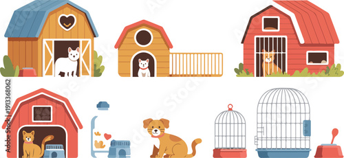 Pet and Farm Animal Shelter Vector Set  Barn, Kennels, Cages, and Accessories