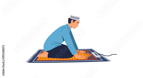 Man Praying on Prayer Mat with Laptop, Modern Spirituality, Digital Faith