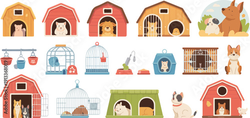 Pet and Farm Animal Shelter Vector Set  Barn, Kennels, Cages, and Accessories