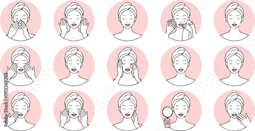 Skincare Routine Woman Line Art Vector Set  Facial Cleansing, Massage and Beauty Steps