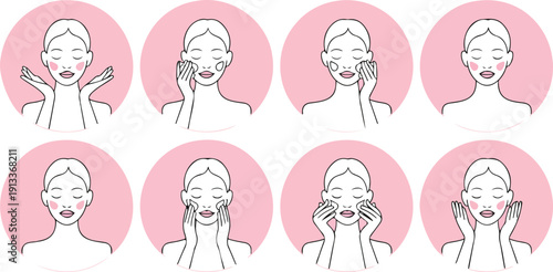 Skincare Routine Woman Line Art Vector Set  Facial Cleansing, Massage and Beauty Steps