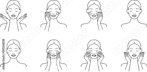 Skincare Routine Woman Line Art Vector Set  Facial Cleansing, Massage and Beauty Steps