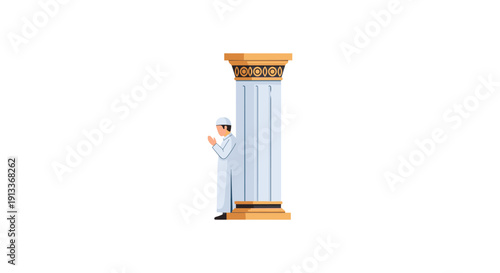 Man in white robe standing beside large column with ornate capital