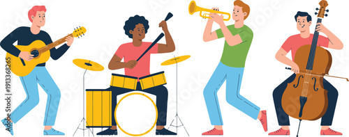 Modern Flat Musician Character Vector Set  Guitar, Drums, Trumpet and Cello