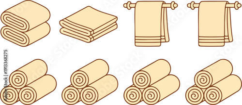 Minimal Towel Outline Icon Set  Folded and Hanging Bathroom Towels