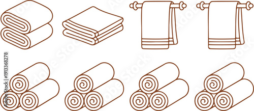 Minimal Towel Outline Icon Set  Folded and Hanging Bathroom Towels