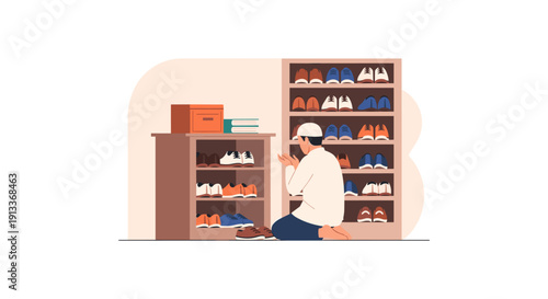 Man Shopping for Shoes in a Store with Shelves Full of Footwear