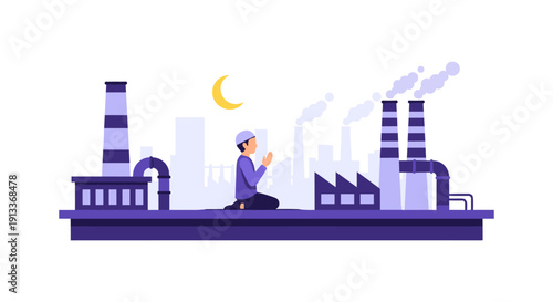 Man Praying on Factory Rooftop at Night under Crescent Moon