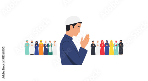 Man Praying with Diverse Group of People in Background, Illustration, White Space