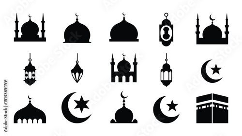 Islamic architecture and ramadan symbols vector graphics collection featuring mosques domes minarets lanterns crescent moons and stars on white background