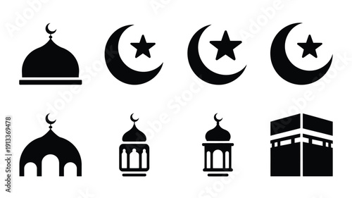 Islamic symbols and mosques icons set with crescent moon and star on white background for ramadan or eid celebrations