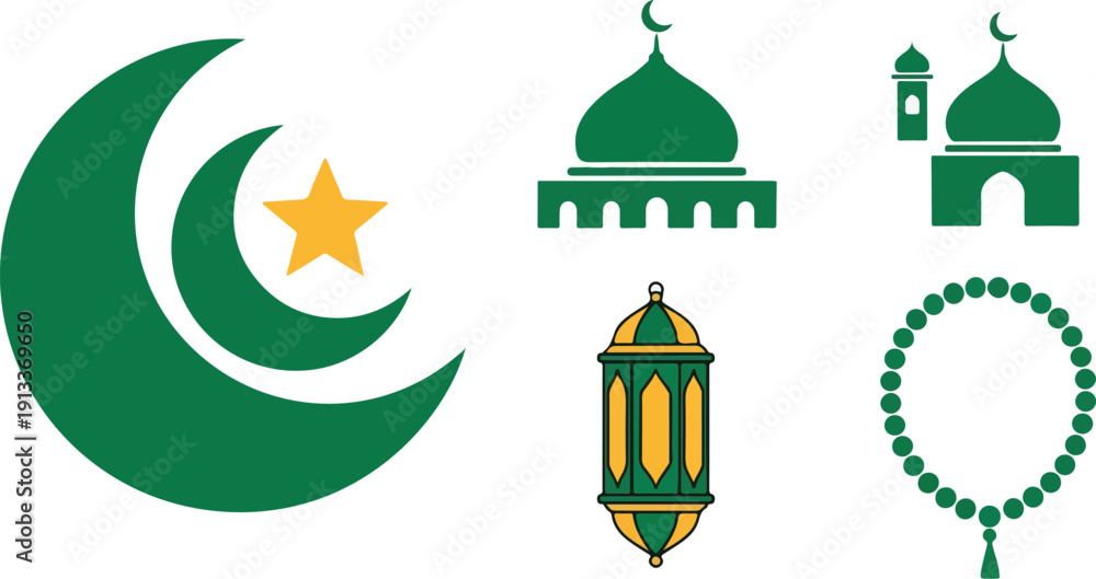 Naklejka premium Islamic symbols and mosque icons on a white background with green and yellow colors.