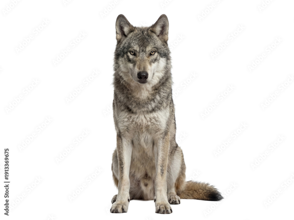 Fototapeta premium Gray wolf sitting front view isolated on white background