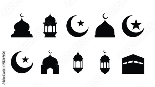 Ramadan silhouette icons set with mosque crescent moon star and lantern symbols for best selling designs