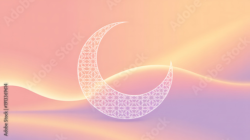 Intricate white crescent moon with geometric pattern on smooth pastel gradient background peach