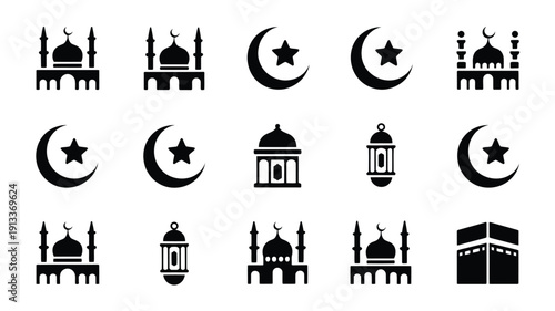 Islamic architecture and symbol vector icons set including mosques crescent moons stars lanterns and kaaba black on white background for ramadan and eid celebrations