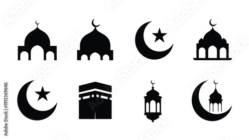 Ramadan silhouette icons set mosque crescent moon star lantern kaaba islamic symbols black on white background professional graphics