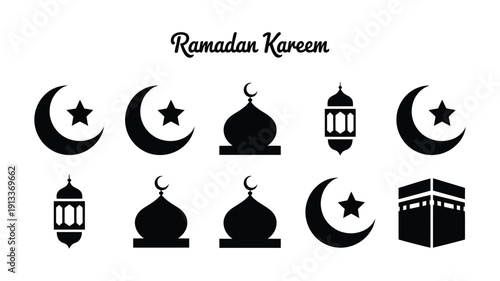 Ramadan kareem vector icons featuring crescent moons stars mosques lanterns and kaaba islamic symbols