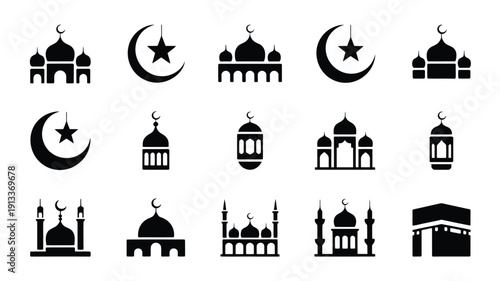 Eid and ramadan silhouette logo set with mosques crescent moons and stars on white background for islamic celebrations