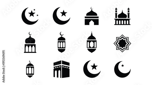 Ramadan kareem vector icons set including mosque lantern crescent moon and star symbols for islamic celebrations and holy month of ramadan